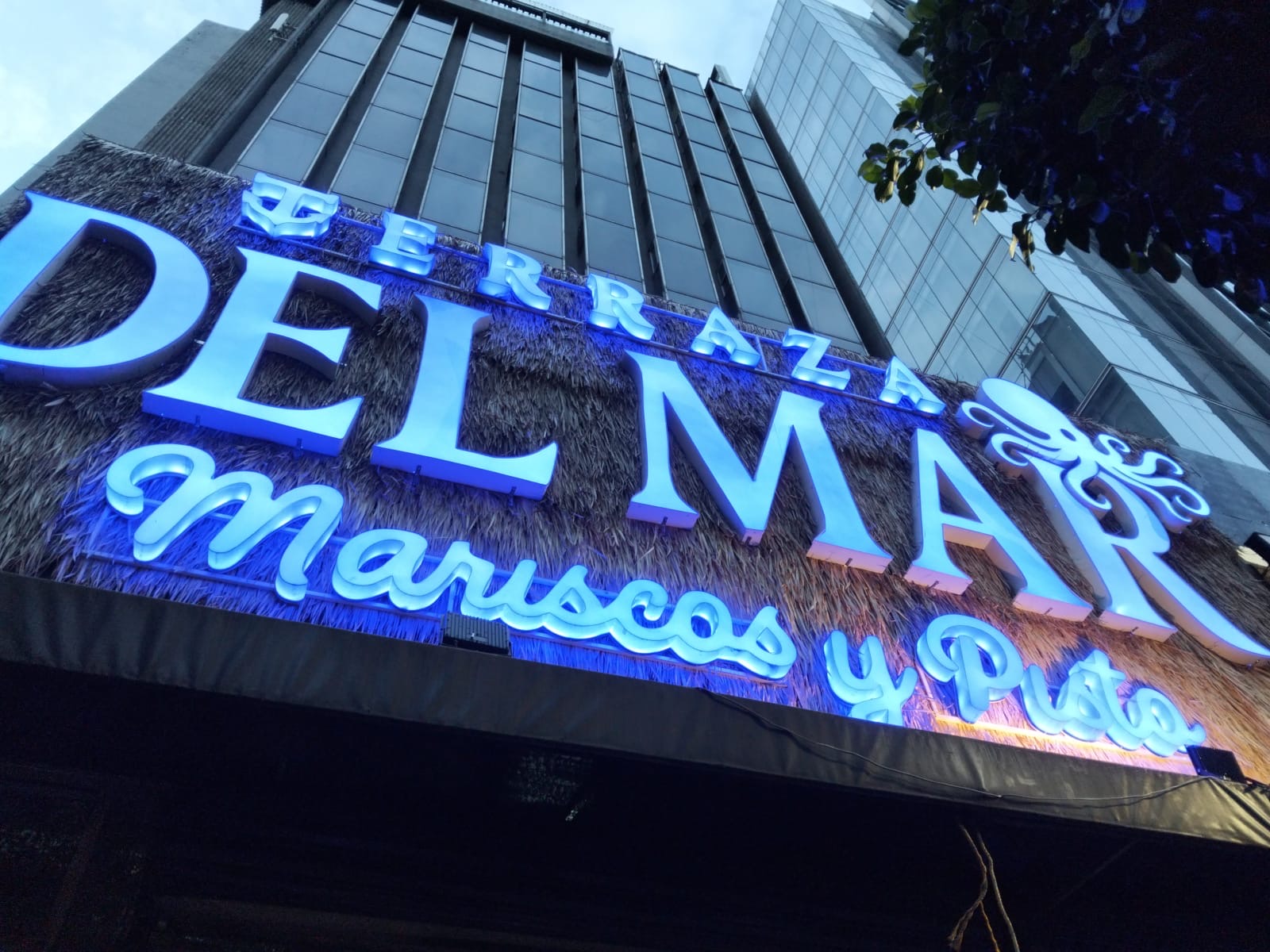 Letrero luminoso azul de Terraza del Mar instalado en la fachada alta de un local comercial