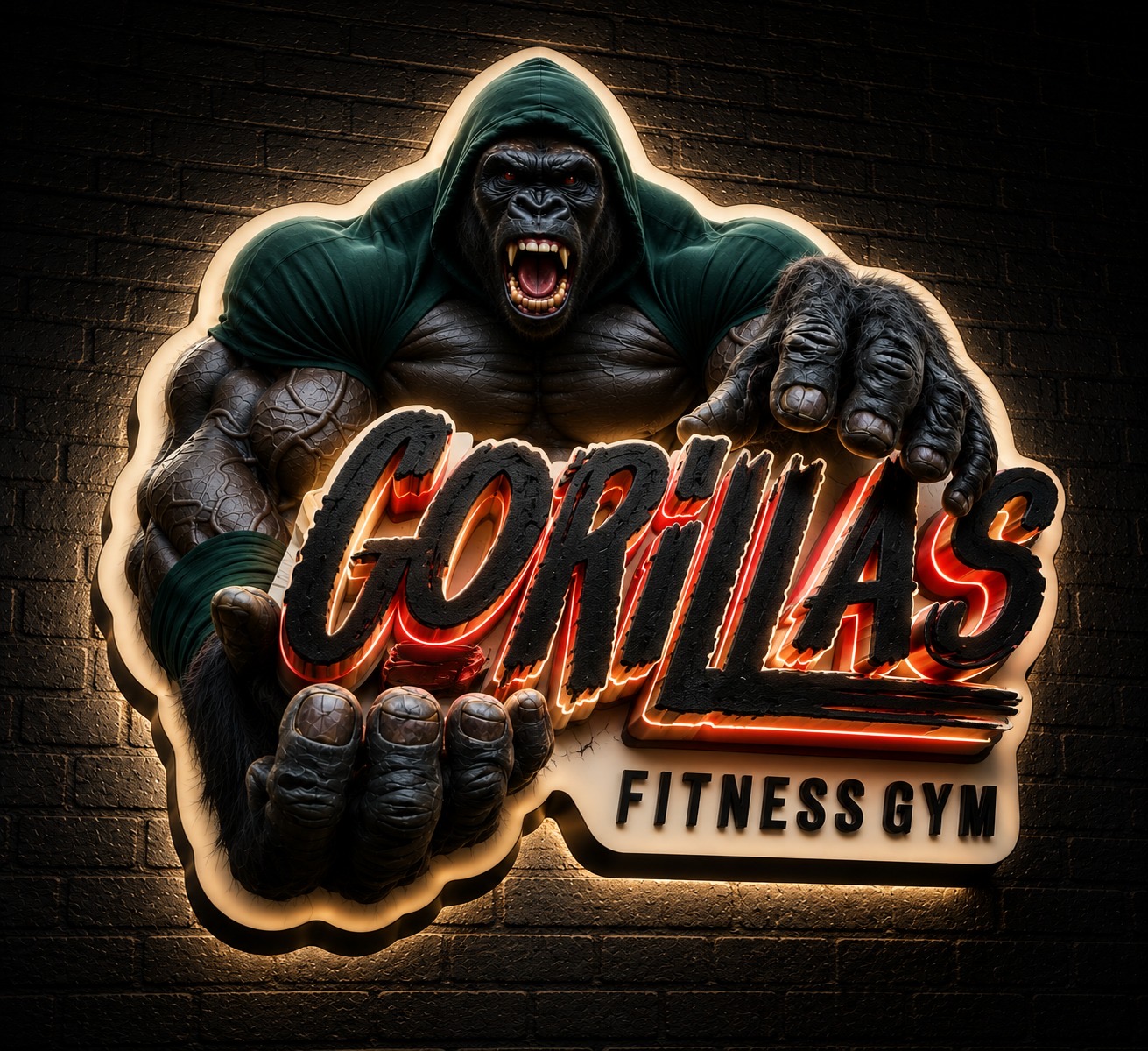 Anuncio luminoso nocturno de un gimnasio con ilustración de gorila e iluminación cálida sobre muro de ladrillo