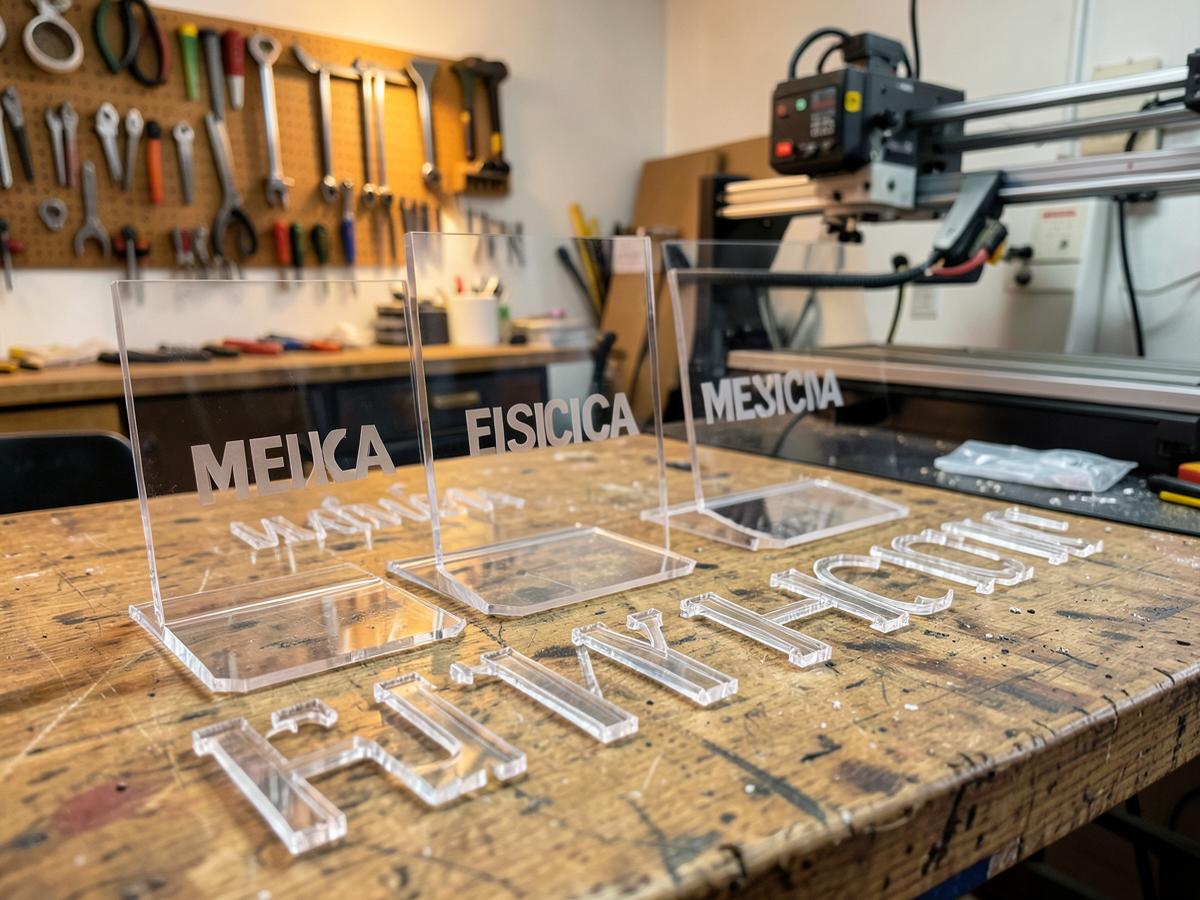 Displays y letras de acrílico cortadas a láser sobre una mesa de taller