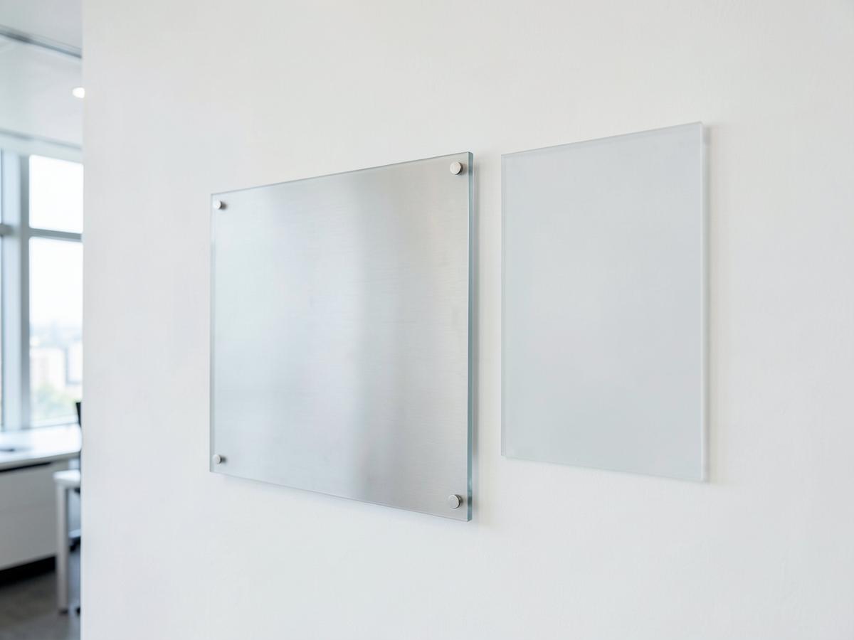Placas de señalética interior en aluminio y acrílico montadas en un muro de oficina